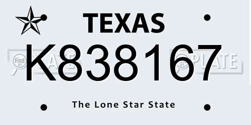 K838167 Texas License Plate