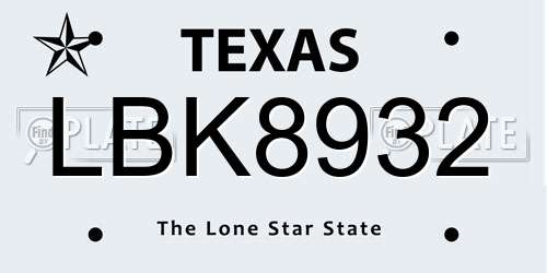 LBK8932 Texas License Plate