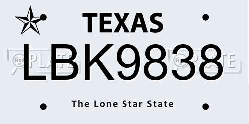 LBK9838 Texas License Plate