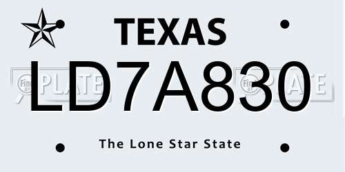 LD7A830 Texas License Plate