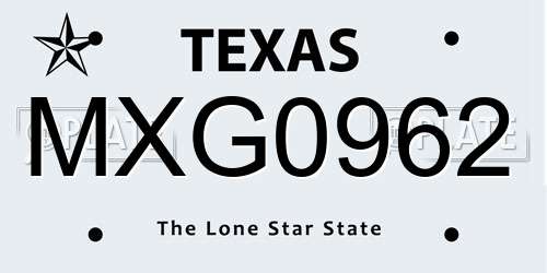 MXG0962 Texas License Plate