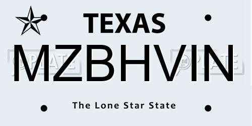 MZBHVIN Texas License Plate