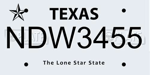 NDW3455 Texas License Plate