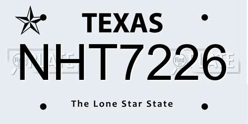 NHT7226 Texas License Plate