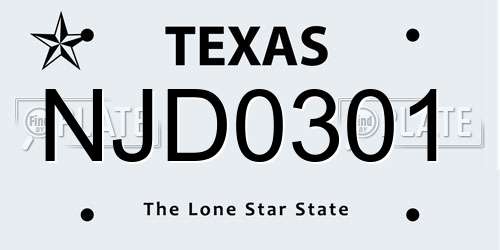 NJD0301 Texas License Plate