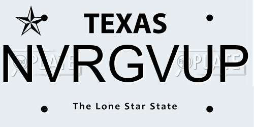 NVRGVUP Texas License Plate