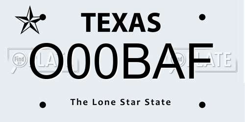 O00BAF Texas License Plate