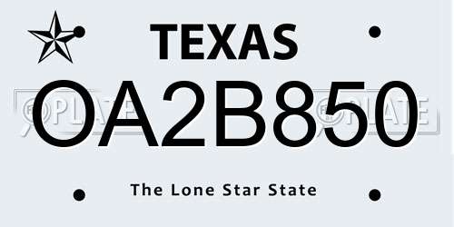OA2B850 Texas License Plate