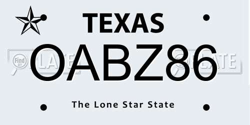 OABZ86 Texas License Plate
