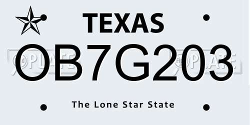 OB7G203 Texas License Plate