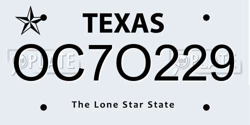 OC7O229 Texas License Plate