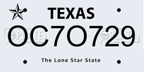 OC7O729 Texas License Plate