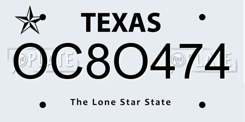OC8O474 Texas License Plate