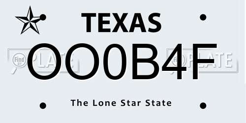 OO0B4F Texas License Plate