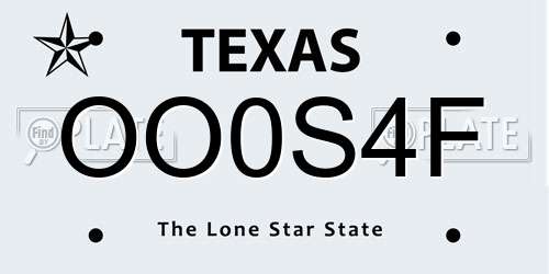 OO0S4F Texas License Plate