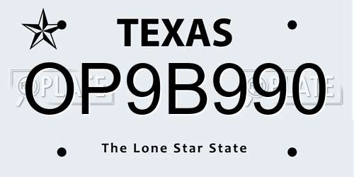 OP9B990 Texas License Plate