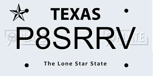 P8SRRV Texas License Plate
