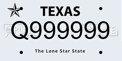 Q999999 Texas License Plate