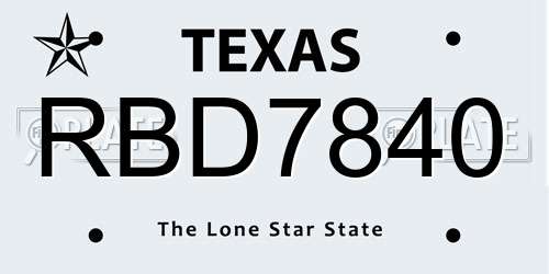 RBD7840 Texas License Plate