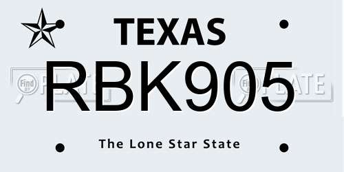 RBK905 Texas License Plate