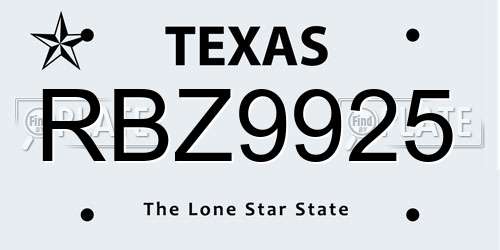 RBZ9925 Texas License Plate