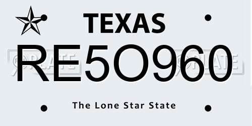 RE5O960 Texas License Plate