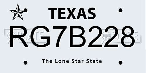 RG7B228 Texas License Plate