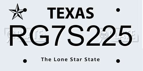 RG7S225 Texas License Plate