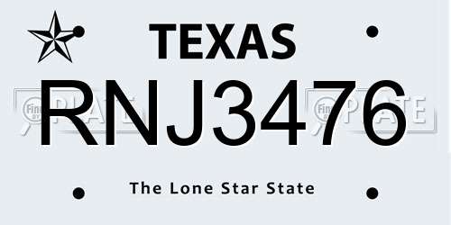 RNJ3476 Texas License Plate