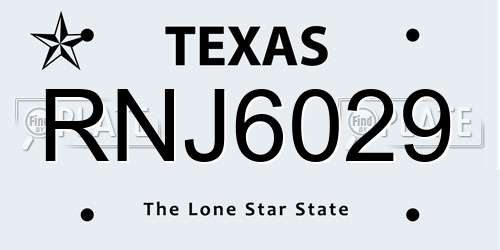 RNJ6029 Texas License Plate