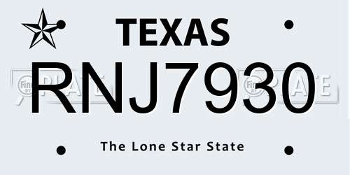 RNJ7930 Texas License Plate