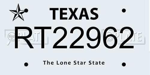 RT22962 Texas License Plate