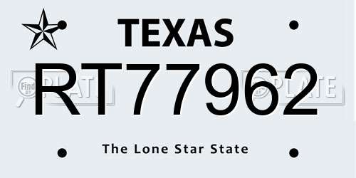 RT77962 Texas License Plate