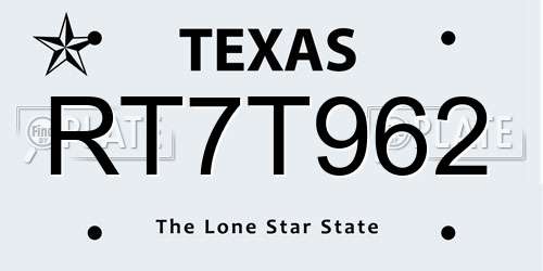 RT7T962 Texas License Plate