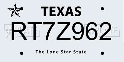 RT7Z962 Texas License Plate