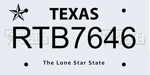 RTB7646 Texas License Plate