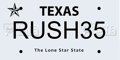 RUSH35 Texas License Plate