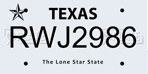 RWJ2986 Texas License Plate