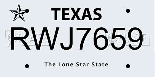 RWJ7659 Texas License Plate