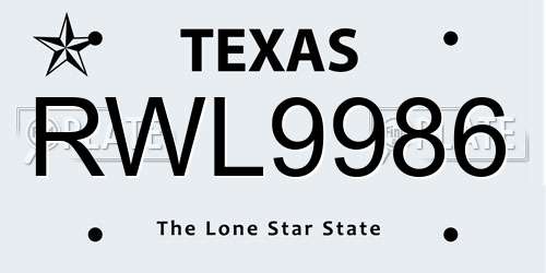 RWL9986 Texas License Plate