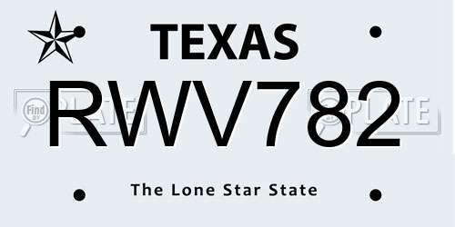RWV782 Texas License Plate