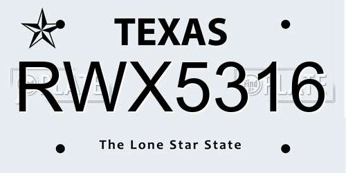 RWX5316 Texas License Plate