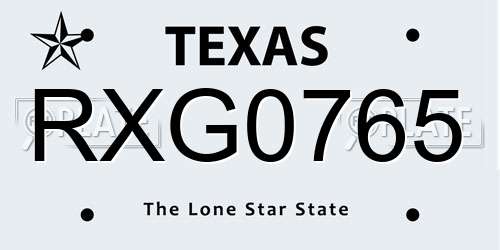 RXG0765 Texas License Plate