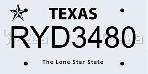 RYD3480 Texas License Plate