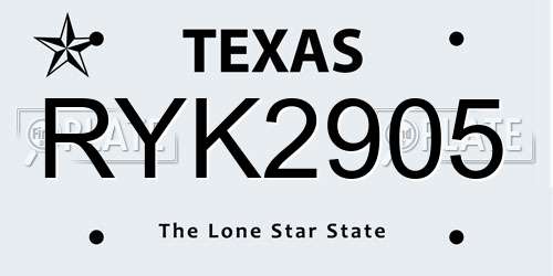RYK2905 Texas License Plate