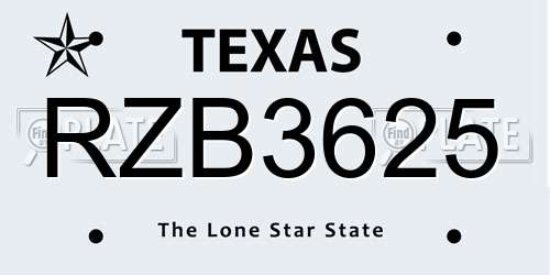 RZB3625 Texas License Plate
