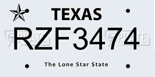 RZF3474 Texas License Plate