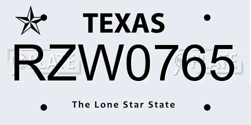 RZW0765 Texas License Plate
