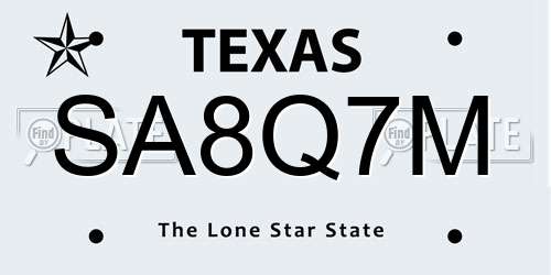 SA8Q7M Texas License Plate