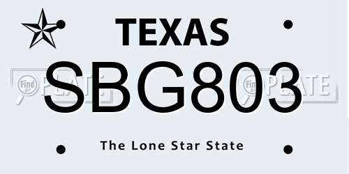 SBG803 Texas License Plate